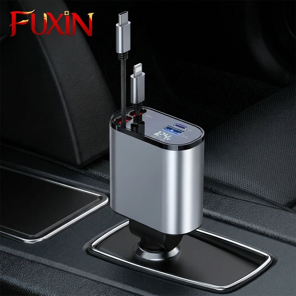 4in1 All-in-One Retractable Cable and Rotating Car Mobile Charger with Box Packing