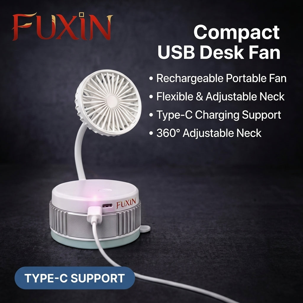 Mini Wall Mount Flexible Neck Fan, Portable Desk Fan, 360° Adjustable Neck, Type-C Charging