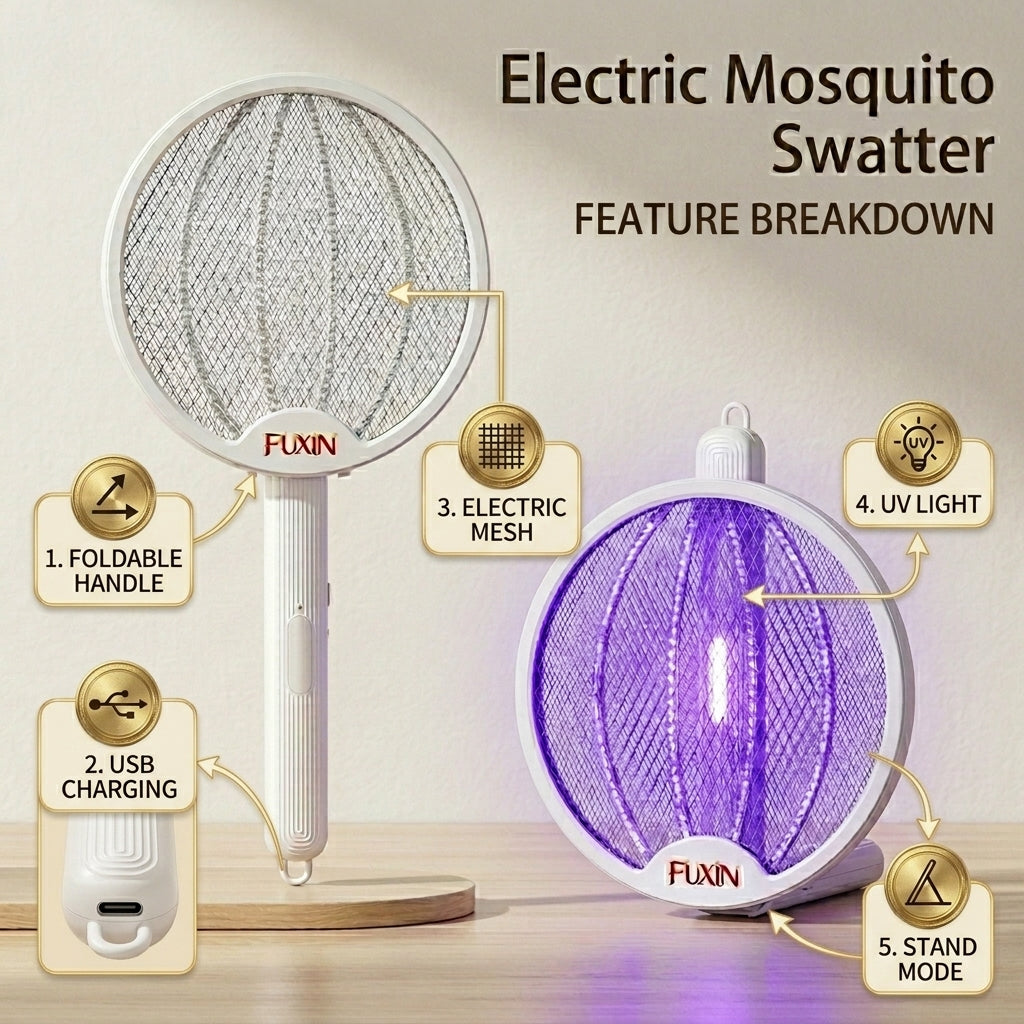 Fuxin - 2-in-1 Foldable UV Mosquito Killer Racket Lamp – Rechargeable Electric Bug Zapper for Home & Bedroom