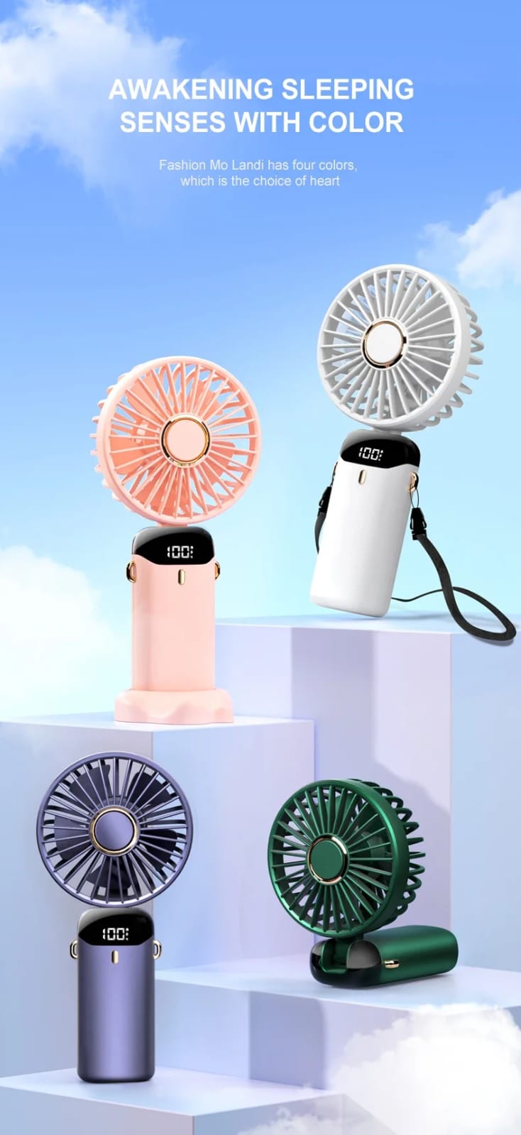 Handheld Mini Fan Foldable Portable Neck Hanging Fans 5 Speed USB Rechargeable Fan with Phone Stand and Display Screen