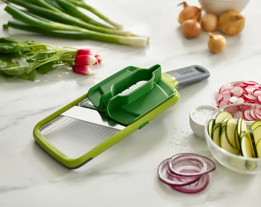 Multi-Grip Kitchen Mandolin, Adjustable Vegetable Cutter and Onion Cutter, 3 Slice Strength, with Precision Handle, Green,